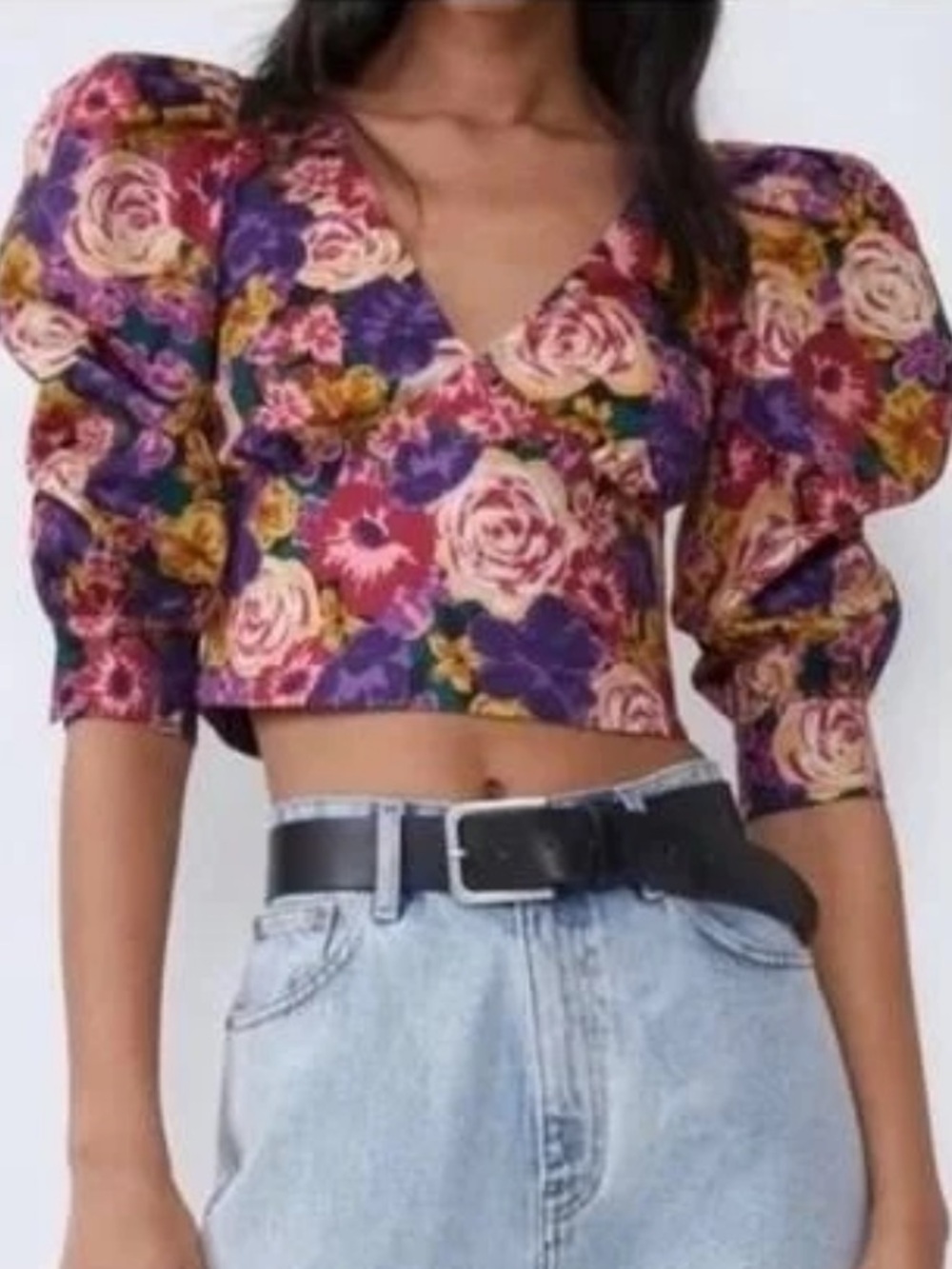 Zara Multicolor Floral Puff-Sleeve V-Neck Crop Top